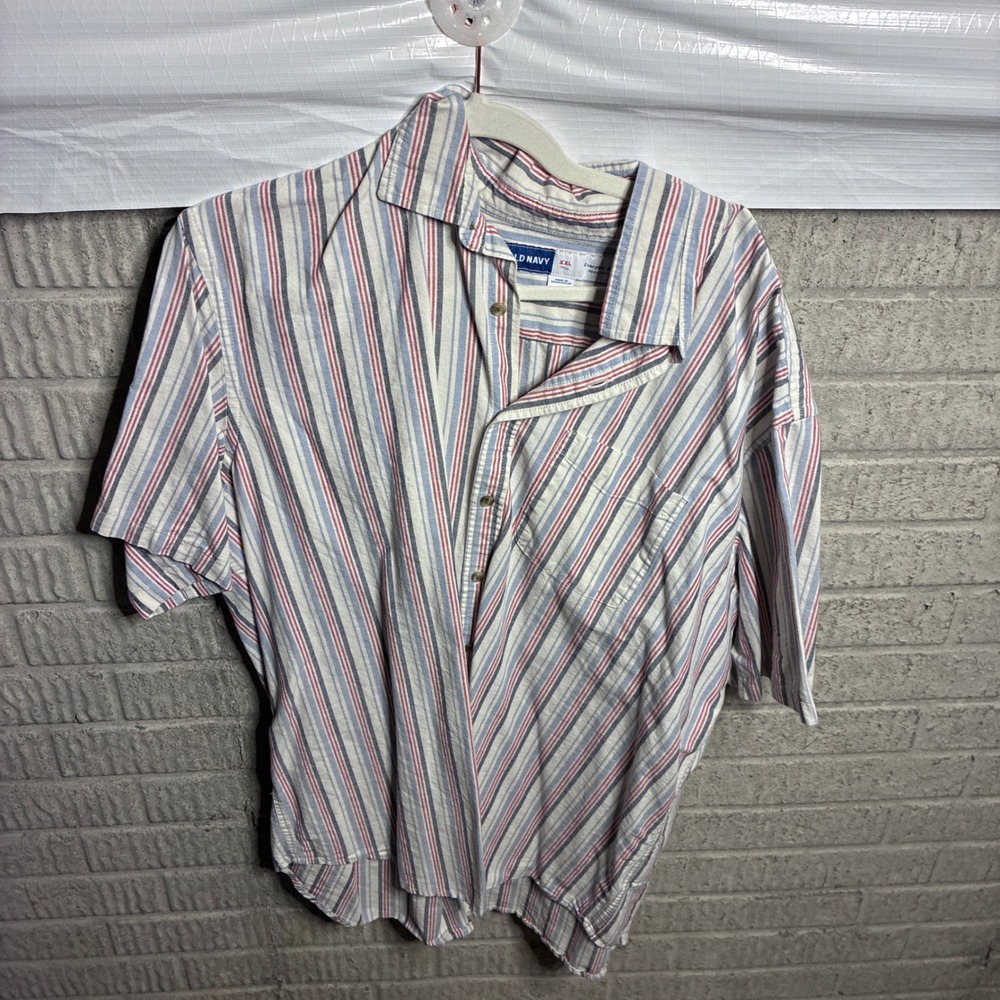 Old Navy Mens XXL Tall Everyday Shirt Red White Blue Striped Short Sleeve Button